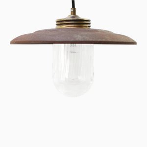 Lampe à Suspension Vintage en Fer Rouillé, Laiton et Verre Rayé Transparent