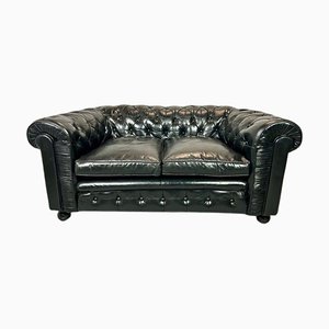 Chesterfield Sofa aus schwarzem Leder mit Knöpfen, 1950er