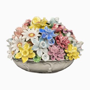Bassano del Grappa Ceramic Basket with Flowers, Italy, 1950s