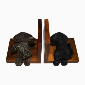 Sujetalibros de madera con terriers, años 20. Juego de 2