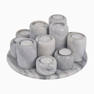 Tealight Holders and Lazy Susan in Carrara Marble, 1970s, Set of 13