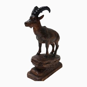 Swiss Black Forest Ibex Sculpture, 1920s, Wood