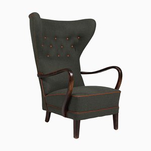 Danish Lounge Chair with Wool and Aniline Leather, 1940s