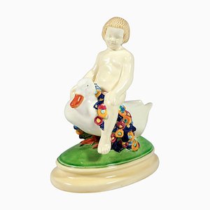 Art Nouveau Putto Riding a Duck Figurine in Ceramic by Doblinger, Vienna, Austria, 1910s