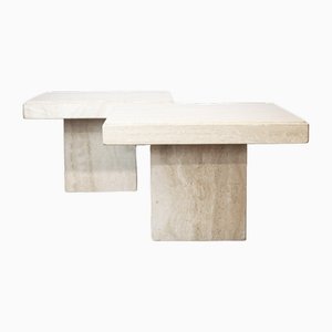 Italian Postmodern Square Travertine Side Tables attributed to Stone International, 1970s, Set of 2