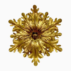 Mid-Century Italian Gilt Floral Leaves Ceiling Wall Lamp Scones, 1960s