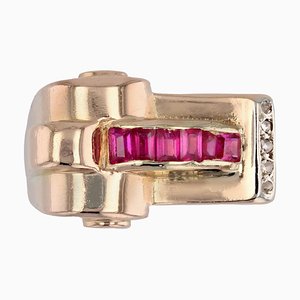 18 Karat Rose Gold Asymmetrical Tank Ring with Synthetic Rubies & Diamonds, 1940s