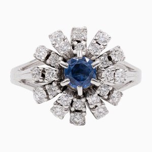 Vintage 14k White Gold Daisy Ring with Diamonds and Central Sapphire, 1960s