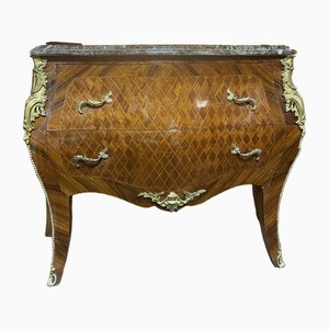 Commode à Tiroirs Bombe avec Plateau en Marbre et Marqueterie