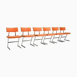 Zig Zag Chairs in Metal and Orange Leatherette, Belgium, 1960s, Set of 6