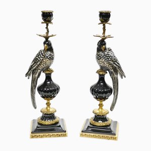 French Parrot Candlesticks in Porcelain, Set of 2