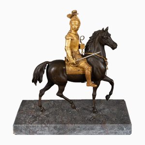 Cavalier et Cheval en Bronze Doré à Patine Chocolat sur Socle en Marbre, 19ème Siècle