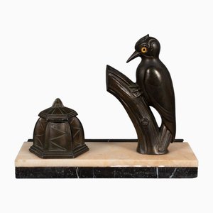 Art Deco Inkwell wit Woodpecker on Marble Branch from Franjou Hippolyte Moreau, 1930s