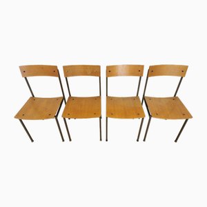 Industrial Square School Chairs with Metal Frames and Wooden Seats, 1970s, Set of 4