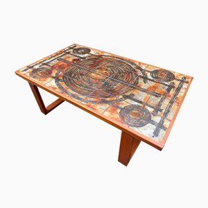 Danish Brutalist Wooden Table with Art Ceramic Tiled Top from Oxart, 1979