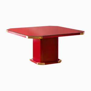 Red Lacquered Hexagonal Dining Table with Brass Details and Molato Crystal Shelf, Italy, 1980s