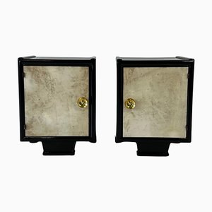 Italian Art Deco Parchment, Black Lacquer and Brass Nightstands, 1930s, Set of 2