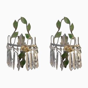 Green Lacquered Iron and Crystal Sconces, 1970s, Set of 2