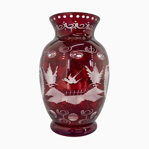Ruby Red Hand Cut Glass Vase from Egermann, Czechoslovakia, 1940s
