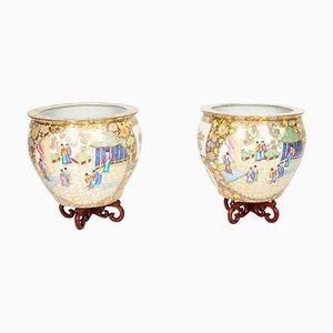 Qing Dynasty Canton Famille Rose Vases on Stands, China, 1950s, Set of 2