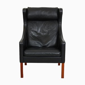 Wingback Chair in Black Buffalo Leather by Børge Mogensen for Fredericia, 1990s