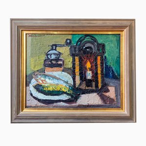 Nature Morte à la Lampe, 1950s, Huile sur Toile, Encadrée