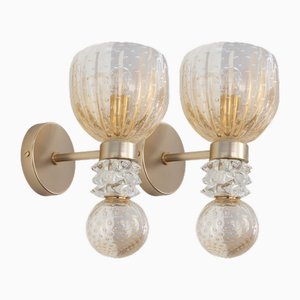 Glass Wall Lamps in Crystal and Gold Murano, Blown Glass with Rostrate Decorations, Italy, 1990s, Set of 2