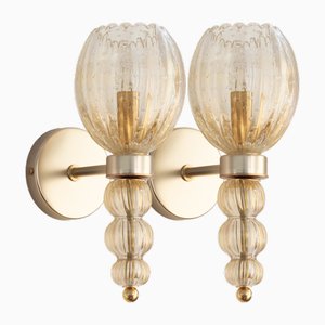 Murano Glass Wall Lamps in Crystal Color and Gold Decorations, Blown Glass and Artistic Decorations, 1990s, Set of 2