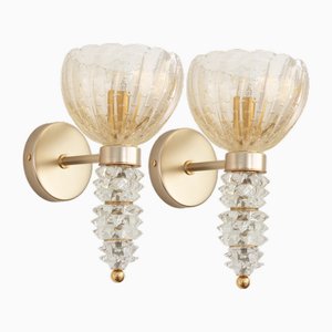 Murano Glass Wall Lamps in Crystal Color and Gold Decorations, Blown and Rostrate Glass, Italy, 1990s, Set of 2