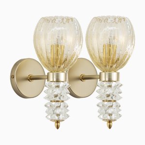 Murano Crystal Glass Wall Lamps and Gold Decorations, Blown Glass and Rostrato Finish, Italy, 1990s, Set of 2