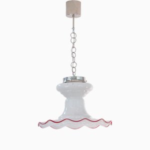 Vintage Deckenlampe aus Weißem Muranoglas mit Roter Dekoration, Italien, 1970er