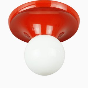 Small Red-Orange Aluminium & Opaline Glass Shade Light Ball Sconce by A. & P.G. Castiglioni for Flos & Arteluce, 1970s