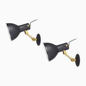 Mid-Century Adjustable Wall Lamps in Black Painted Aluminum and Brass, 1950s, Set of 2