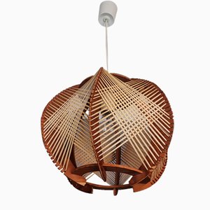 Mid-Century Portuguese Wood & Straw Hanging Lamp, 1960s