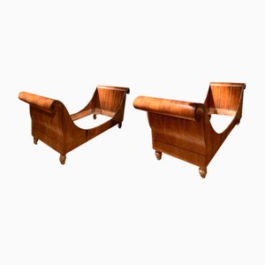 19th Century Italian Empire Flamed Walnut Sleigh Beds or Daybeds, Set of 2