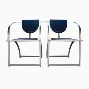 Cosinus Armchair Chairs in Raw Steel & Black Leather attributed to Karl Friedrich Förster for Kff, 1980s, Set of 2
