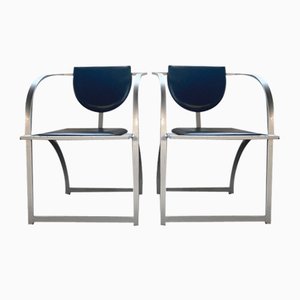 Set of Cosinus Armchair Chairs in Raw Steel & Black Leather attributed to Karl Friedrich Förster for Kff, 1980s
