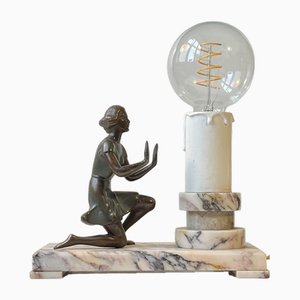 Art Deco Figural Table Lamp in Bronze and Marble, France, 1930s