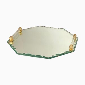 Art Deco French Tray Beveled Mirror in Brass Handles & Saint Gobain Glass, 1940s