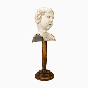 French White Washed Carved Wooden Sculptural Head on Pedestal, 1920s