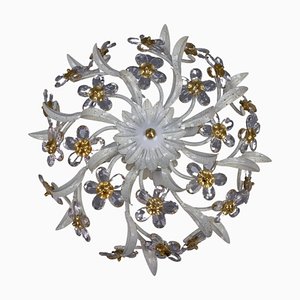 Weiße Blumen-Deckenlampe aus Metall & Glas im Hollywood Regency Stil, 1970er