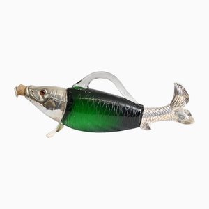 Versilberte Fischflasche aus grünem Glas