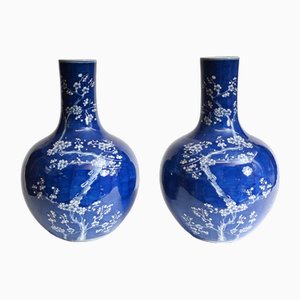 Frascos Temple chinos en urnas de porcelana azul y blanca. Juego de 2