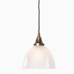 Vintage Industrial Holophane Frosted Prismatic Glass and Brass Pendant Light, 1890s