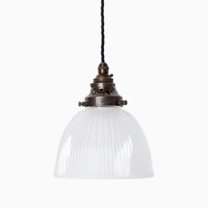 Lampada da soffitto antica in vetro smerigliato Holophane con accessori originali in ottone, fine XIX secolo