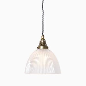 Vintage Industrial Holophane Frosted Prismatic Glass and Brass Pendant Light, 1890s
