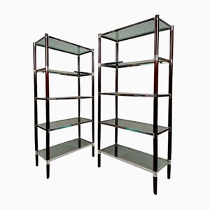Shelves in Chromed Metal, Wood and Smoked Glass, 1970s, Set of 2