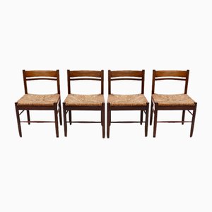 Wengé and Rush Dining Chairs, Belgium, 1960s, Set of 4