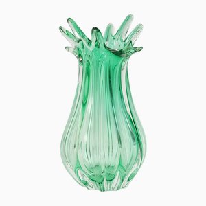 Jarrón Mid-Century de cristal de Murano acanalado verde de Seguso Vetri d'Arte, Italia, años 60