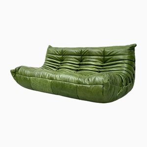 Togo 3-Sitzer Sofa aus Grünem Leder von Michel Ducaroy für Ligne Roset, Frankreich, 1970er